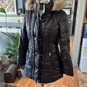 Laundry by Design Black Puffer Coat with Faux Fur Hood